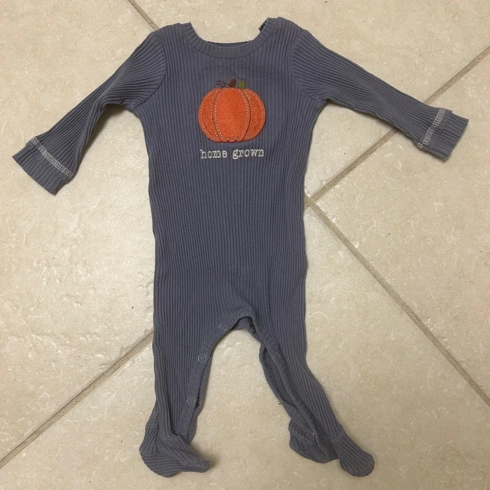 Mud Pie 0-3M Gray Pumpkin Home Grown‎ Ribbed Footed One Piece Romper Outfit fall